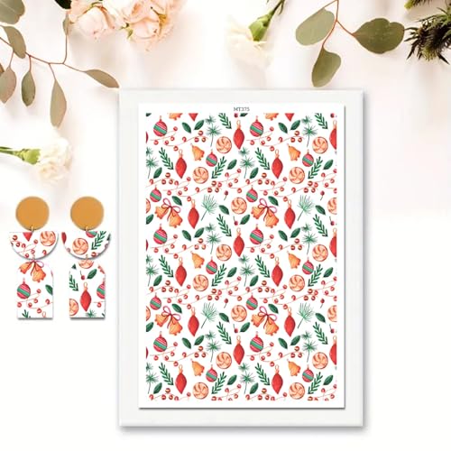 10 Pcs Christmas Polymer Clay Transfer Paper, Christmas Bells Red Berries, Princess Pattern 2 Design Water Soluble Transfer Sheets for Polymer Clay Earrings Jewelry Making DIY Projects 5.82X3.93 in