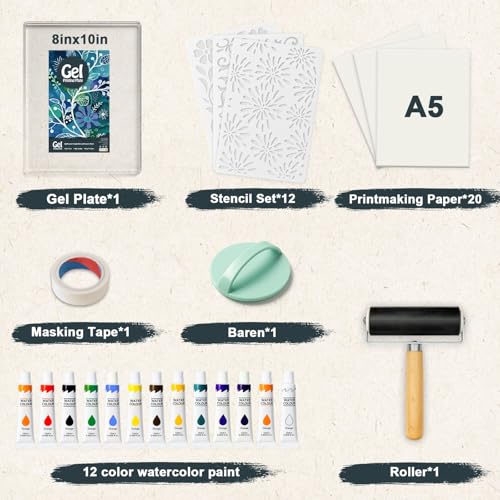 DINGSEN Gel Printing Plate Kit, Complete Printmaking Set with 8” X10” Gel Plate, Brayer, Watercolor Paints, A4 Printmaking Paper, and Essential Tools for Mixed Media Art, Monoprinting, Card Making