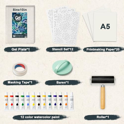 DINGSEN Gel Printing Plate Kit, Complete Printmaking Set with 8” X10” Gel Plate, Brayer, Watercolor Paints, A4 Printmaking Paper, and Essential Tools for Mixed Media Art, Monoprinting, Card Making