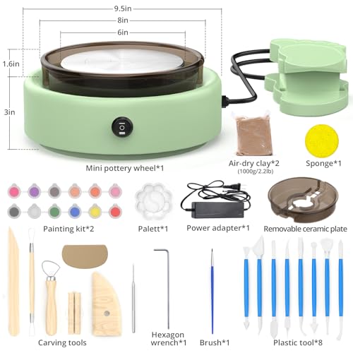Skirfy Mini Pottery Wheel for Beginners Adults with Foot Pedal9.5"Ceramic Machine for Kids Art Craft Glow in Dark Kits 2.2LB Air-Dry Clay,Carving Tools Adjustable Speed,DIY Projects Birthday Gift - color: Green