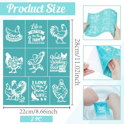 2 Sheets Farmhouse Chicken Silkscreen Stencil, Rooster Hen Self-Adhesive Silk Screen Printing Stencils Reusable Mesh Stencil for Painting on Wood, T-Shirt, Home Craft - color: Chicken
