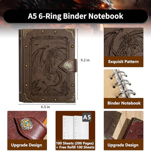 DUROTAN DND Journal Dragon Notebook A5 Binder Diary 400 Pages | For D&D Gift Set Dungeons and Dragons Accessories Role Playing Games DM & Players RPG - color: 3-GrayBrown-FlyingDragon