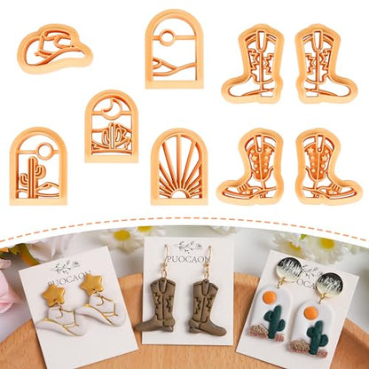 Puocaon Western Polymer Clay Cutters - 9 Pcs Clay Cutters for Earrings Making, Cowboy Hat, Boot, Rising Sun, Desert Scene - color: western