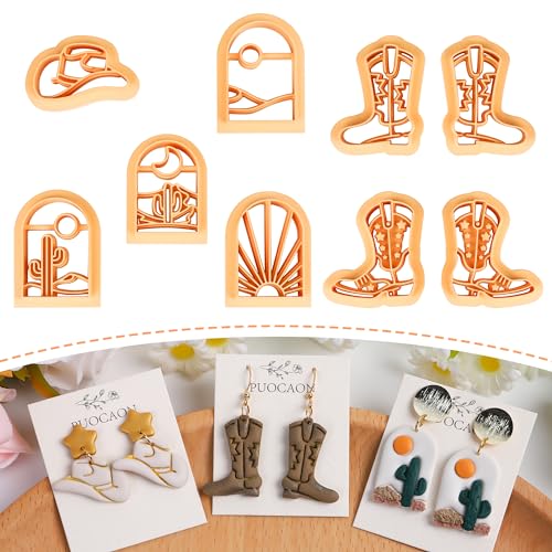 Puocaon Western Polymer Clay Cutters - 9 Pcs Clay Cutters for Earrings Making, Cowboy Hat, Boot, Rising Sun, Desert Scene - color: western