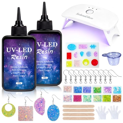 SolaraGlaze UV Resin with Light 240g Upgraded Hard Type Crystal Clear UV Resin Kit Ultraviolet Epoxy Resin Hard, Starter Kit for Craft Jewelry Making