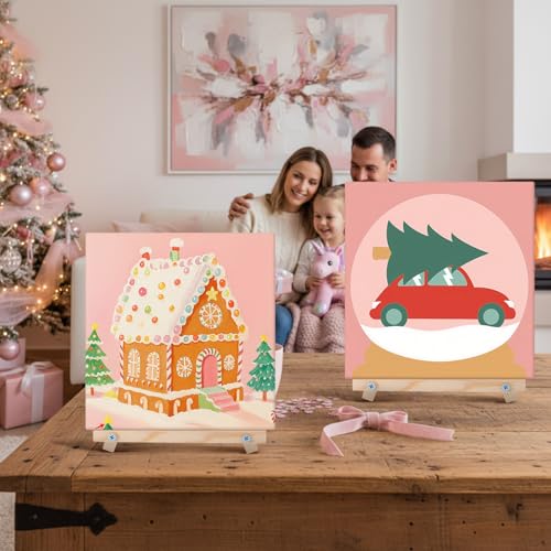 YooNotee 12 Pack Valentine's Day Paint by Numbers Kit - 8 x 8 Inches Pink Themed DIY Canvas with Wooden Display Easel, Brushes and Paints 6 Designs for Adults Family Holiday Decor - style: Snow