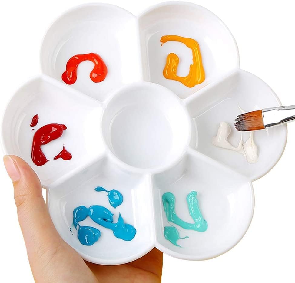 Petal Plastic Palette Painting Dish 7 Well Flower Paint Tray Watercolor Painting Mixing Palette for Oil Acrylic Watercolor Gouache,Easy Wash, Paint Palette (White) - color: White