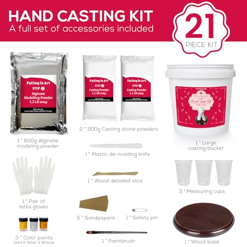 Falling in Art Hand Casting Kit Couples - Keepsake Plaster Hand Mold Kit for Family, Kids, Adults with Large Bucket, Gloves, Powder Materials, Color Paints, Wooden Base, Valentine's Day Gift - size: Hand Casting Kit
