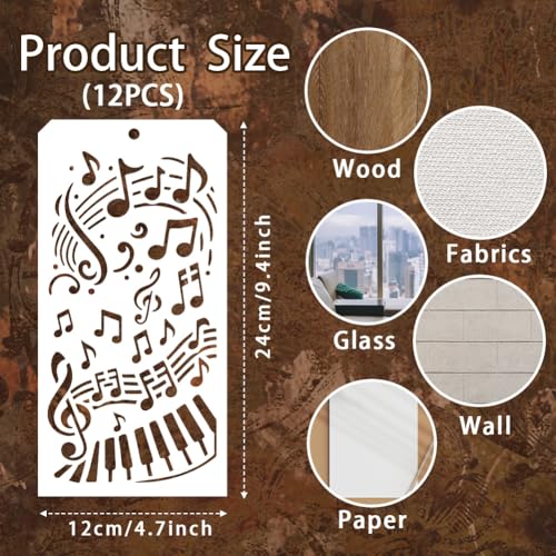 12 Sheets Musical Note Stencils for Painting, 12 Styles Reusable Musical Designs Drawing Templates Plastic Art PET Templates for Painting on Wall Wood Home Decor - style: Music