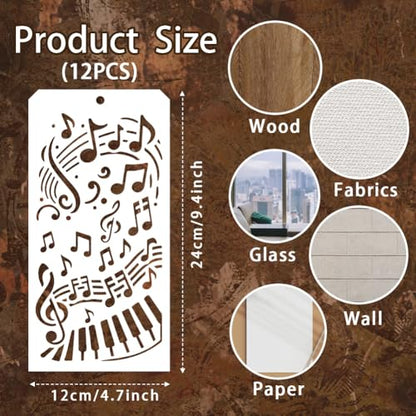 12 Sheets Musical Note Stencils for Painting, 12 Styles Reusable Musical Designs Drawing Templates Plastic Art PET Templates for Painting on Wall Wood Home Decor - style: Music