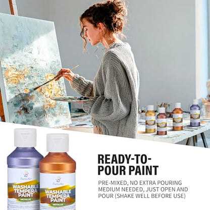 Metallic Washable Tempera Paint – 6 Shimmer Colors, 4 fl oz Bottles, Non-Toxic Kid-Safe School & Craft Paint, Easy Cleanup, Classroom Art Supplies, Made in USA - color: Metallic
