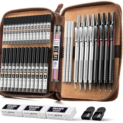 Nicpro 45PCS Black & Silver Metal Mechanical Pencil Set in Leather Case, Art Drafting Pencil 0.5, 0.7, 0.9 mm, 2mm Lead Holders for Sketching Drawing With 27 Tube (6B 4B 2B HB 2H 4H Colors)Lead Refill - color: Black & Silver