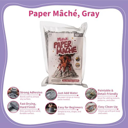 Modoh Paper Mache Clay, Just Add Water – 2 Pack (500g Total), Easy Sculpting Paper Mache Powder for Volcano Projects, School Crafts, DIY Sculpture, Fast Drying, Paintable, Non-Toxic Craft Material - color: Gray