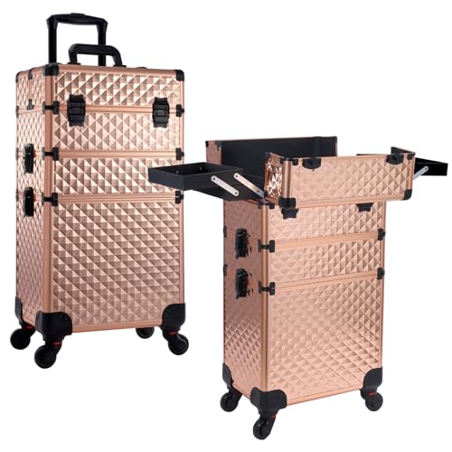Frenessa Rolling Makeup Train Case 3 in 1 Professional Cosmetic Trolley Large Storage with keys Swivel Wheels Salon Barber Case Traveling Cart Trunk for Make Up Nail Tech - Vintage Rose Gold | Cosmetic Trolley Large Storage with Keys 360° Swivel Salon Bar