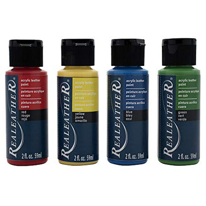 Realeather F2604-01 Acrylic Leather Paint Set, Full Coverage, Waterproof Paint 2 Fl. Oz. Primary Colors, Red, Yellow, Blue, Green, 4-Pack - color: Primary Colors, Red, Yellow, Blue, Green