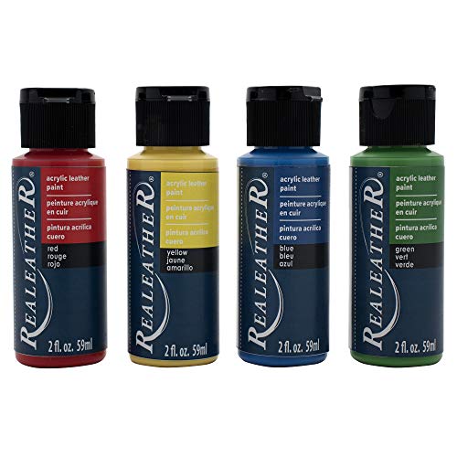 Realeather F2604-01 Acrylic Leather Paint Set, Full Coverage, Waterproof Paint 2 Fl. Oz. Primary Colors, Red, Yellow, Blue, Green, 4-Pack - color: Primary Colors, Red, Yellow, Blue, Green