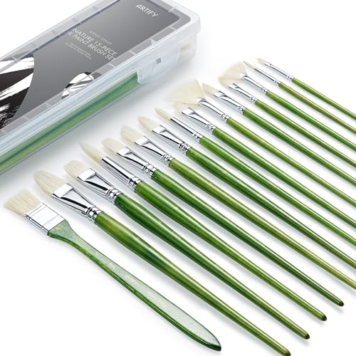 ARTIFY 15-Piece Professional Oil Paint Brush Set - Natural Hog Bristle, No-Shedding, Handcrafted by Masters for Oil/Acrylic/Gouache/Watercolor Painting (Includes Carrying Case) - color: Wood Green