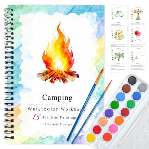 SLWBZ Watercolor Workbooks Coloring Book, Beginner Friendly Painting Kit, Detailed Steps, Creative Exploration Watercolor Book with Paint Set for Adults Teens (Camping, with Paint) - color: Camping, size: With paint