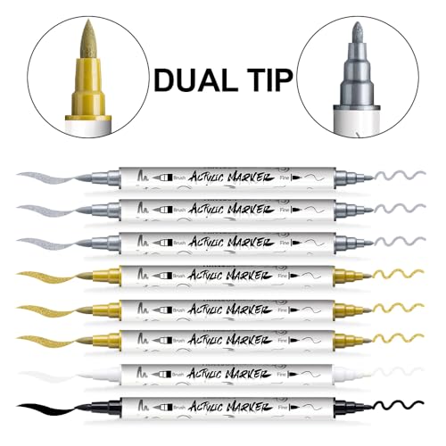TRANSON 3 Gold, 3 Silver, 1 Black and 1 White Paint Markers Brush and Fine Dual-tip Acrylic Paint Marker Set for Rock Painting Glass Canvas Wood Leather Ceramic Painting - style: Brush and Fine 3 Gold 3 Silver 1 Black and 1 White