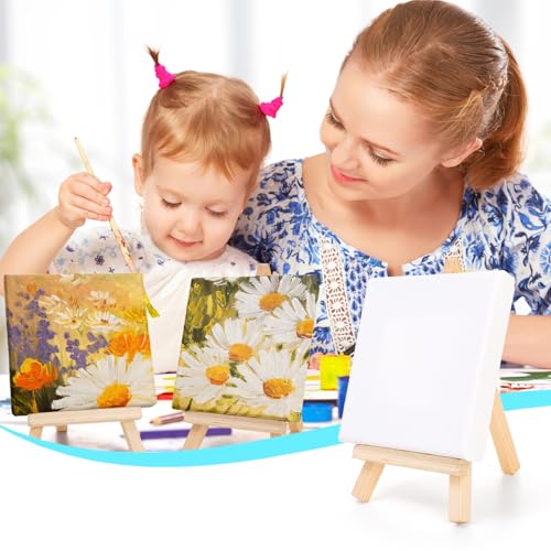 Tosnail 24 Pack 4" x 4" Mini Canvas and Easel Set, Small Art Easel Stand with Canvas Set, Tabletop Wooden Display Stand and Canvas Panels for Artist, Students, Adults, Kids Painting