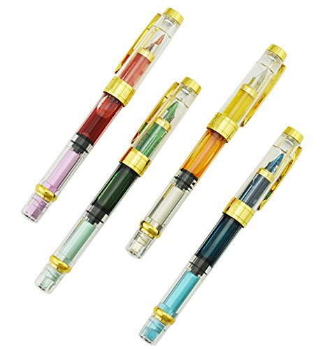 Lanxivi 4 PCS Yongsheng 3008 Piston Fountain Pen Fine Nib Transparent Diversity Color Gold Trim Set - color: 3008 Gold Trim F