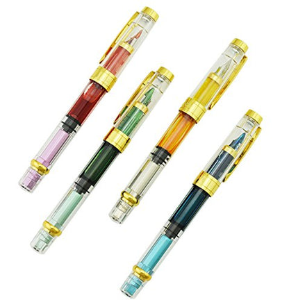 Lanxivi 4 PCS Yongsheng 3008 Piston Fountain Pen Fine Nib Transparent Diversity Color Gold Trim Set - color: 3008 Gold Trim F