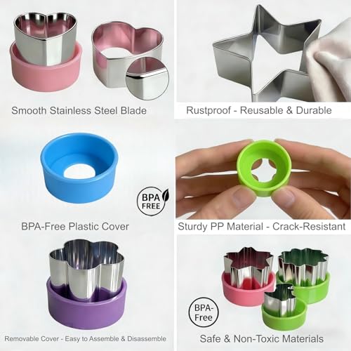9 PCS 1.5 In Mini Cookie Cutters Set for Kids, Stainless Steel Small Sandwich Food Cutter Shapes, Fun Shaped Tiny Dinosaur Heart Star Circle Flower for Lunch, Fruit, Vegetable, Cheese, Clay
