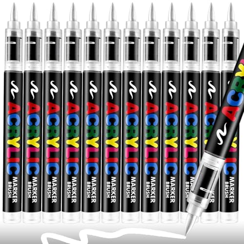 12 White Paint Pen, Brush Tip Acrylic Paint Markers for Rock Painting, Wood, Glass, Ceramic, Canvas, Fabric, Stone, Decoration, DIY Crafts Kit Making, Art Supplies - color: 12 White