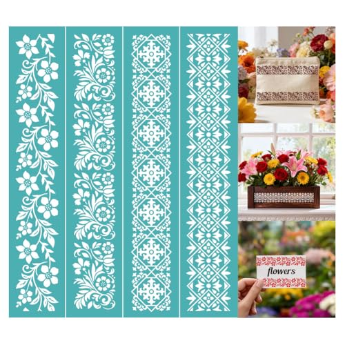 2 Pcs Flower Border Silkscreen Stencil, Vintage Striped Floral Self-Adhesive Silk Screen Stencil Reusable Mesh Stencils Template for Painting on Wood, Fabric, Walls, Home Decor & DIY Crafts - style: Flower Border