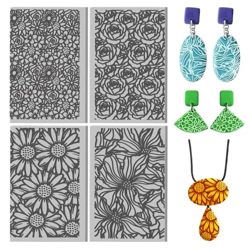 4 Sheets 4 Styles Popular Flower Backgrounds Polymer Clay Texture Mat Roses Clay Modeling Pattern Pad Daisies Texture Sheets for Making Earrings Jewerly Tools, 4×2.6 inch - style: Popular Flower