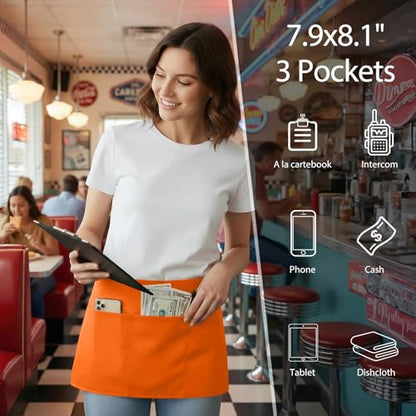 BOHARERS Waist Apron with 3 Pockets 12 Pack - Orange Waitress Server Short Apron - color: E-12 Pack Orange