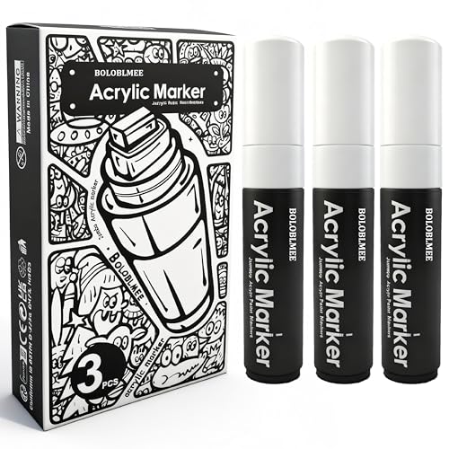 3 Pcs White Acrylic Paint Markers Jumbo, 15mm Wide Tip, Opaque Permanent Markers for Dark Surface, Rock, Ceramic, Glass, Black Paper, Canvas & Wood - color: White