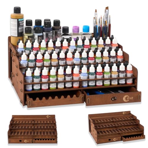 OPHIR Paint Storage, Wooden Paint Organizer with 98 Holes Dia.1.02 Inches, for Miniature Paints Set Storage, Includes Painting Brush Holder with 24 Slots, 1 Drawer, 25 Paintbrush Holes - color: (Dia.1.02")98 Paint Holes+1x Paint Brush Holder+1x Drawer+25x