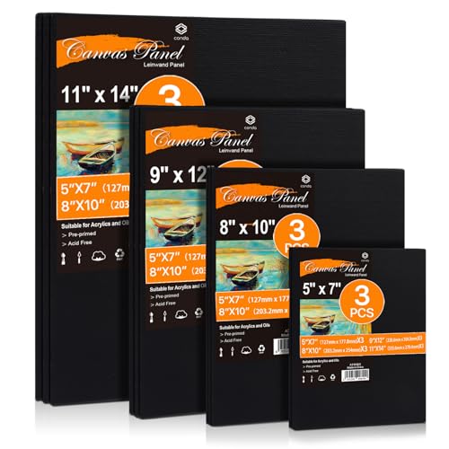 CONDA Black Canvas Board for Painting, 12 Pack Multi Size 11x14, 9x12, 8x10, 5x7(3 of Each), Primed, 100% Cotton, Acid Free Artist Canvas Panels for Oil Acrylic & Watercolor Paint - size: 5"x7", 8"x10", 9"x12", 11"x14"