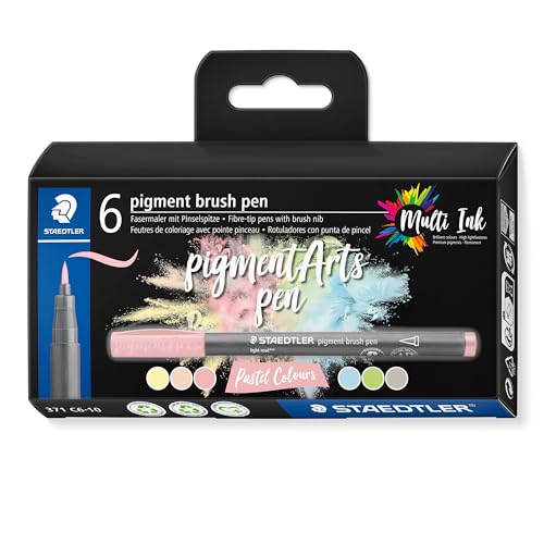 STAEDTLER 371 C6-10 Pigment Arts Brush Pen - Assorted Pastel Colours (Pack of 6) - color: Pastel