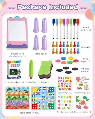 Elovien Easel for Kids, 4 in 1 Double Sided Toddler Art Easel with Chalkboard & Magnetic Whiteboard, Foldable Kid Tabletop Easel with Drawing & Writing Accessories - Educational Gift for Girl (Purple) - color: Purple