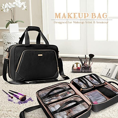 Professional Makeup Artist Travel Case with 4 Detachable Cosmetic Bags, Large Make up Organizer Bag with Makeup Kit Storage Section and Hair Tools Pocket, Black (Empty Bag Only) - color: Black
