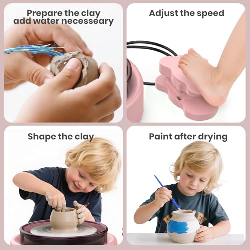 Skirfy Mini Pottery Wheel for Beginners Adults with Foot Pedal9.5" Ceramic Machine for Kids Art Craft Glow in Dark Kits 2.2LB Air-Dry Clay,Carving Tools Adjustable Speed,DIY Projects Birthday Gift - color: Pink