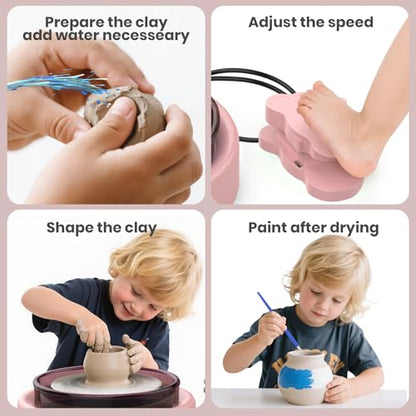 Skirfy Mini Pottery Wheel for Beginners Adults with Foot Pedal9.5" Ceramic Machine for Kids Art Craft Glow in Dark Kits 2.2LB Air-Dry Clay,Carving Tools Adjustable Speed,DIY Projects Birthday Gift - color: Pink