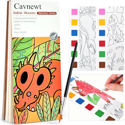 Cavnewt Watercolor Coloring Books for Kids Ages 4-8, Pocket Watercolor Painting Book Sets, Mess Free Paint with Water Books for Toddlers, Travel Activities Arts Party Birthday Gifts for Girls Boys - color: Ancient Dinosaurs