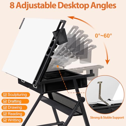 ZENY Adjustable Drafting Table with Stool, Tilting Drawing Desk Artist Table with Storage Drawers, Art Craft Workstation for Home Office Reading, Writing, Crafting (White-with Outlet) - color: White-with Outlet