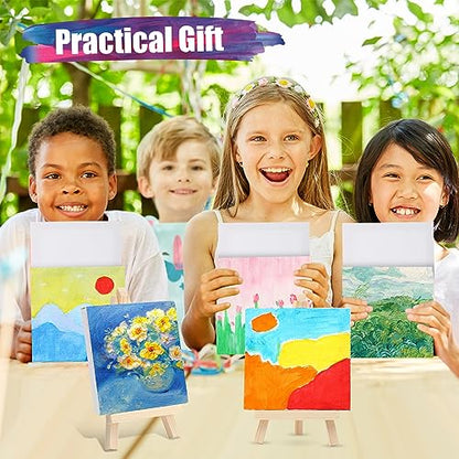 Fuutreo 200 Pcs 3 x 3 Inch Mini Canvas and Easel Set, 100 Mini Stretched Canvas with 100 Wooden Easels for Acrylic Pouring Oil Paint Water Color Painting - size: 3 x 3 Inch