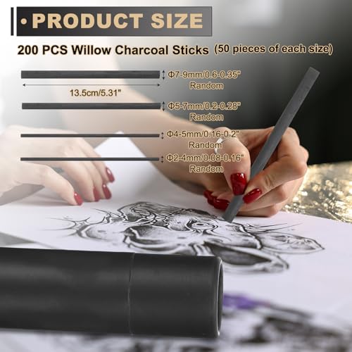 MECCANIXITY Willow Charcoal Sticks, 2-4mm / 4-5mm / 5-7mm / 7-9mm Willow Charcoal Pencils Soft Sketch Vine Art Supplies Set for Drawing Sketching Shading Painting Artists(Black, Pack of 200)