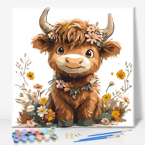 Framed Paint by Numbers Kit for Adults Beginner, Highland Cow Easy Paint by Numbers with Frame, Highland Cow Acrylic Adult Painting by Number Kits on Canvas Framed for Gift Home Decor 12x12 Inch - color: Highland Cow-02, size: 12x12 Inch