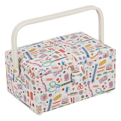 Hobby Gift Medium Sewing Box Organiser, Fabric Covered Storage Box with Handle, Internal Tray, Pin Cushion and Pocket for Sewing, Quilting and Knitting Supplies - color: Haby Notions