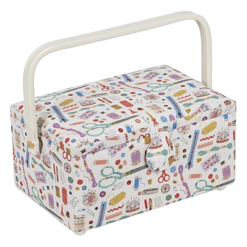 Hobby Gift Medium Sewing Box Organiser, Fabric Covered Storage Box with Handle, Internal Tray, Pin Cushion and Pocket for Sewing, Quilting and Knitting Supplies - color: Haby Notions