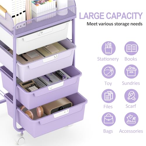SYKIARIOL 4-Drawer Rolling Storage Cart with Mesh Top, Utility Craft Organizer Cart on Wheels with DIY Labels, Rolling Drawer Cart for Home Office Classroom Bedroom, Purple - color: Purple