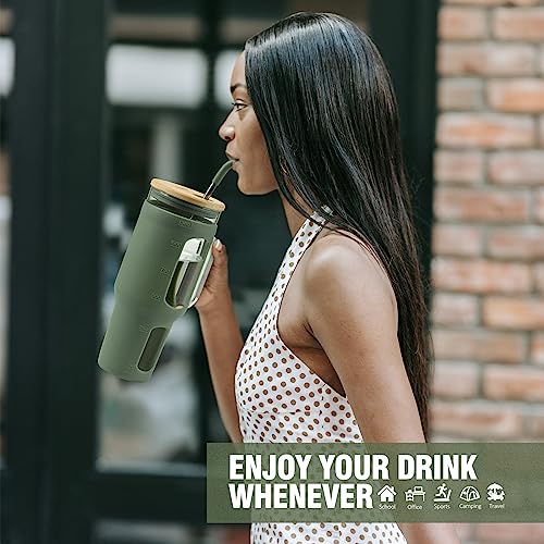 WINSA Glass Tumbler with Lid and Straw, 46 oz Iced Coffee Cup with Handle, Large Water Bottles with Silicone Sleeve, Glass Cup with Straws - Pearl Straw & Drinking Straw BPA Free-Olive - color: Olive, size: 46 Ounces