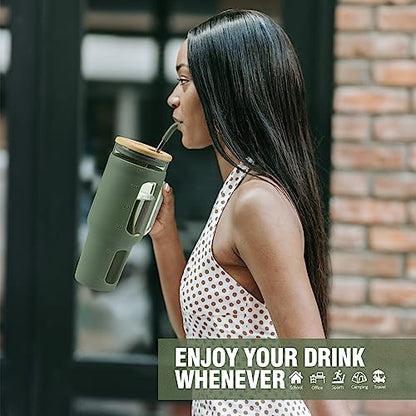 WINSA Glass Tumbler with Lid and Straw, 46 oz Iced Coffee Cup with Handle, Large Water Bottles with Silicone Sleeve, Glass Cup with Straws - Pearl Straw & Drinking Straw BPA Free-Olive - color: Olive, size: 46 Ounces