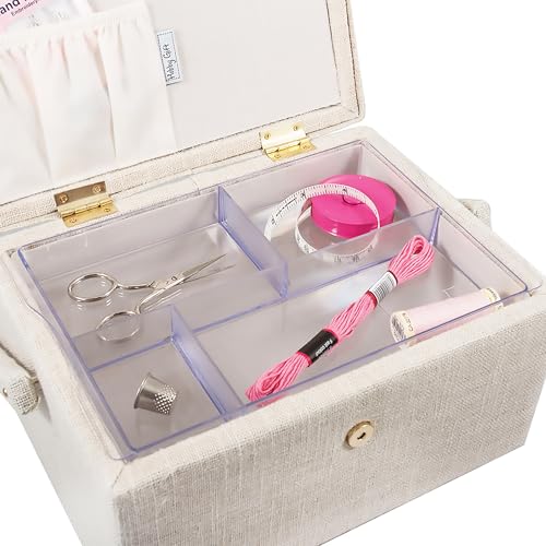 Hobby Gift Medium Sewing Box Organiser, Fabric Covered Storage Box with Handle, Internal Tray, Pin Cushion and Pocket for Sewing, Quilting and Knitting Supplies - color: Hydrangea